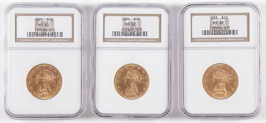3 U.S. GOLD $10 LIBERTY HEADS,1893, 1894, 1895 (1 of 2)