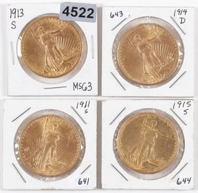 FOUR US $20 GOLD PIECES