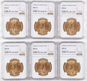 SIX 1908 NO MOTTO $20 GOLD ST. GAUDENS