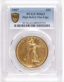 SCARCE 1907 $20 GOLD ST. GAUDENS HIGH RELIEF