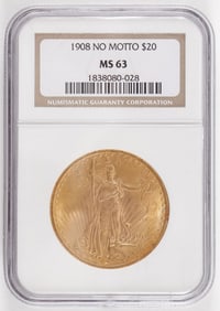 1908 NO MOTTO $20 GOLD ST. GAUDENS