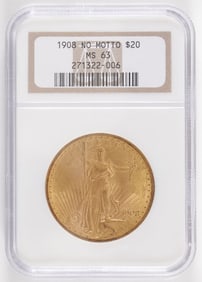1908 NO MOTTO $20 GOLD ST. GAUDENS
