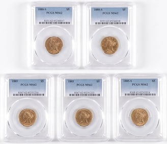 FIVE MIXED DATE $5 DOLLAR U.S GOLD PIECES