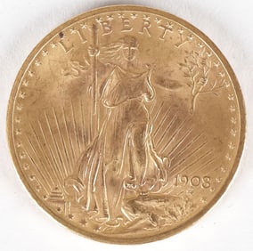 1908 $20 GOLD ST. GAUDENS, NO MOTTO
