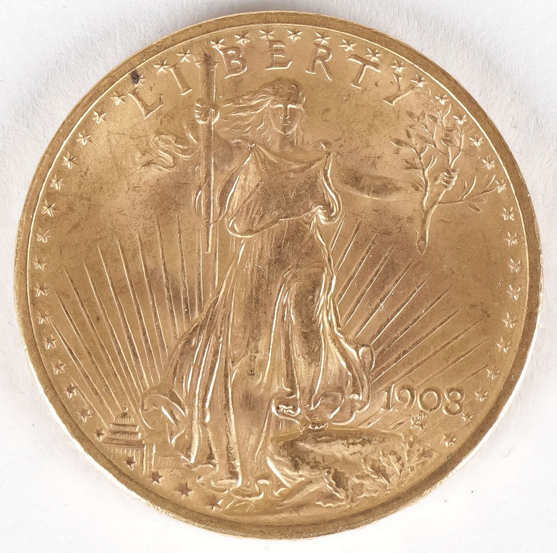 1908 $20 GOLD ST. GAUDENS, NO MOTTO (1 of 2)