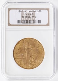 1908 $20 GOLD ST. GAUDENS, NO MOTTO