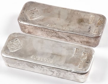 TWO 100-OUNCE JOHNSON MATTHEY VINTAGE SILVER BARS