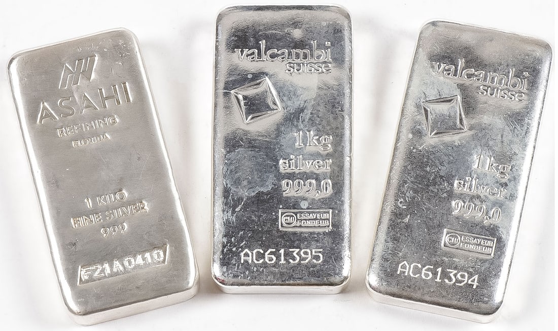 THREE SILVER BARS, 97 TROY OUNCES: THREE SILVER BARS, 97 TROY OUNCES. Comprising one Asahi kilo bar, two Valcambi Suisse 1 kilo bars. Total weight 97.16 troy ounces. NO RESERVE! NO CREDIT CARD PAYMENTS ACCEPTED. Payment must be made by