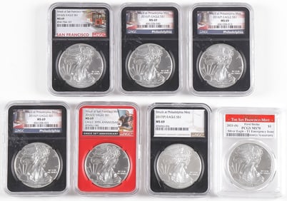 SEVEN $1 SILVER EAGLES