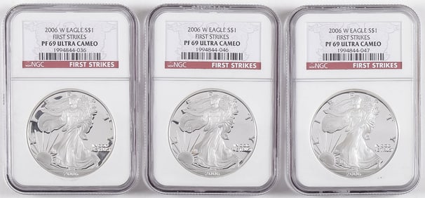 THREE ULTRA CAMEO SILVER EAGLES
