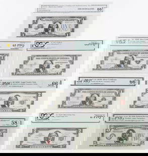 16 US CURRENCY NOTES: 16 US CURRENCY NOTES. Comprising seven graded notes as shown. Together with nine loose ungraded notes. Comprising one dollar silver certificates, two-dollar red seal notes, and a 1934 federal reserve