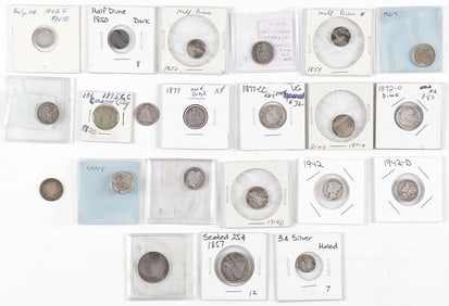 22 U.S. SILVER COINS, 1842-1942