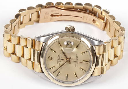 ROLEX OYSTER PERPETUAL DATE 2-TONE W/ 18K GOLD: ROLEX OYSTER PERPETUAL DATE 2-TONE W/ 18K GOLD BAND. Reference #1500, stainless case (excluding crown), stainless case back, gold crown, gold bezel, acrylic crystal, gold tone dial, date window locate