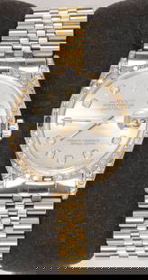 ROLEX OYSTER PERPETUAL DATE JUST WITH DIAMONDS: ROLEX OYSTER PERPETUAL 2 TONE DATE JUST WITH DIAMONDS. Reference #16013, stainless and gold, with diamond numerals, diamond and sapphire bezel and surround, Serial # 6077790, movement #3035. NO RESERV