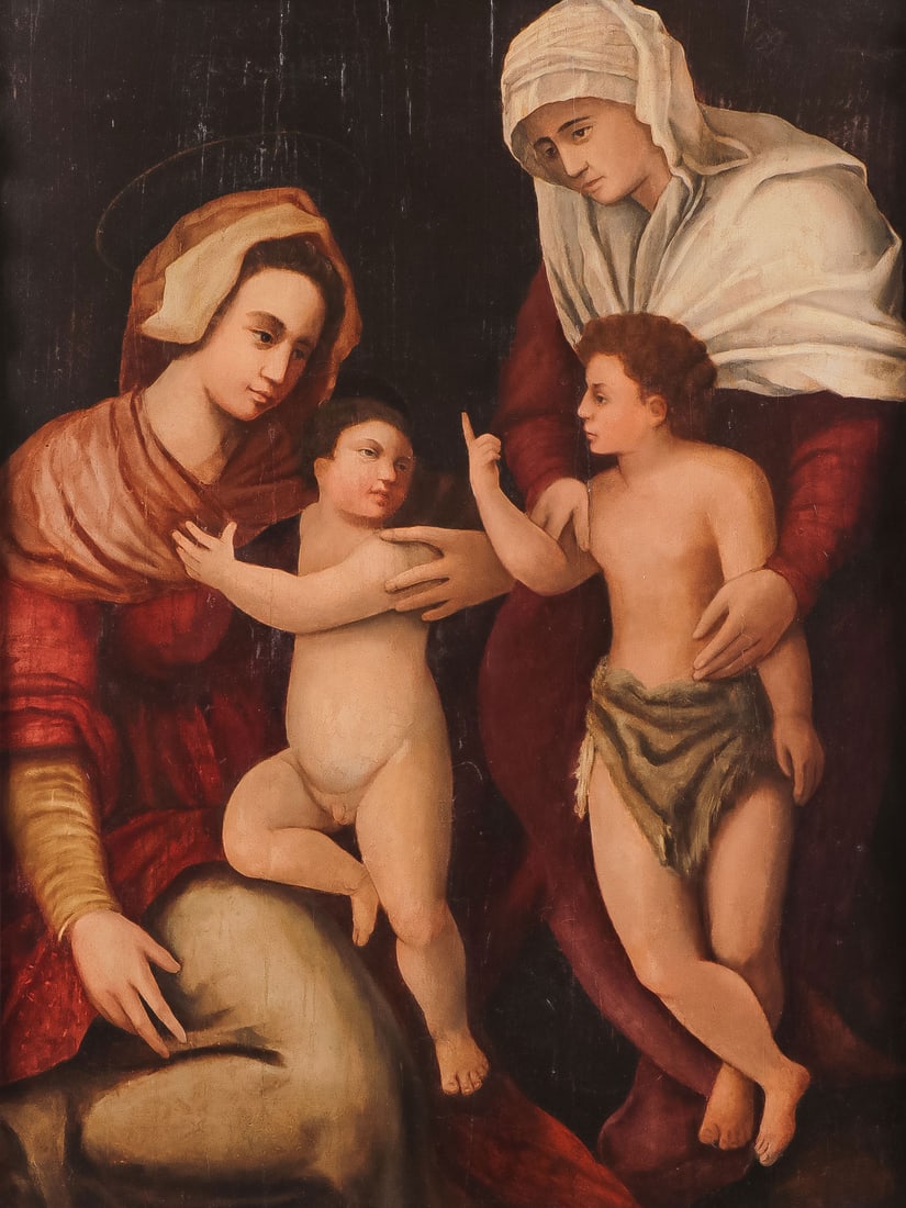LARGE OLD MASTER PAINTING ON WOOD PANEL: Circle of CARLO PORTELLI (Italian c.1510-1574) The Virgin and Child with St. Elizabeth and Infant St. John Oil on wood panel Unsigned 44.5 x 33.25 inches. Overall including elaborate frame 57 x 45 inc