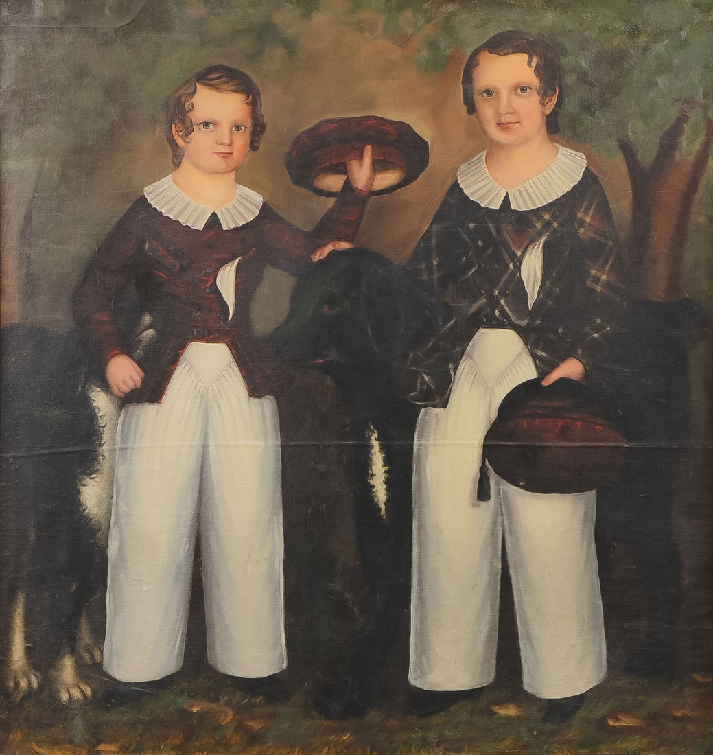 AMERICAN FOLK ART PAINTING J.S. STOCK, C. 1844: Attributed to JOSEPH WHITING STOCK (American 1815-1855)Two Boys with Dogs -circa 1844Oil on canvasApparently unsigned48.75 inches x 45.75 inches. Overall including frame 55 inches x 52 inches.