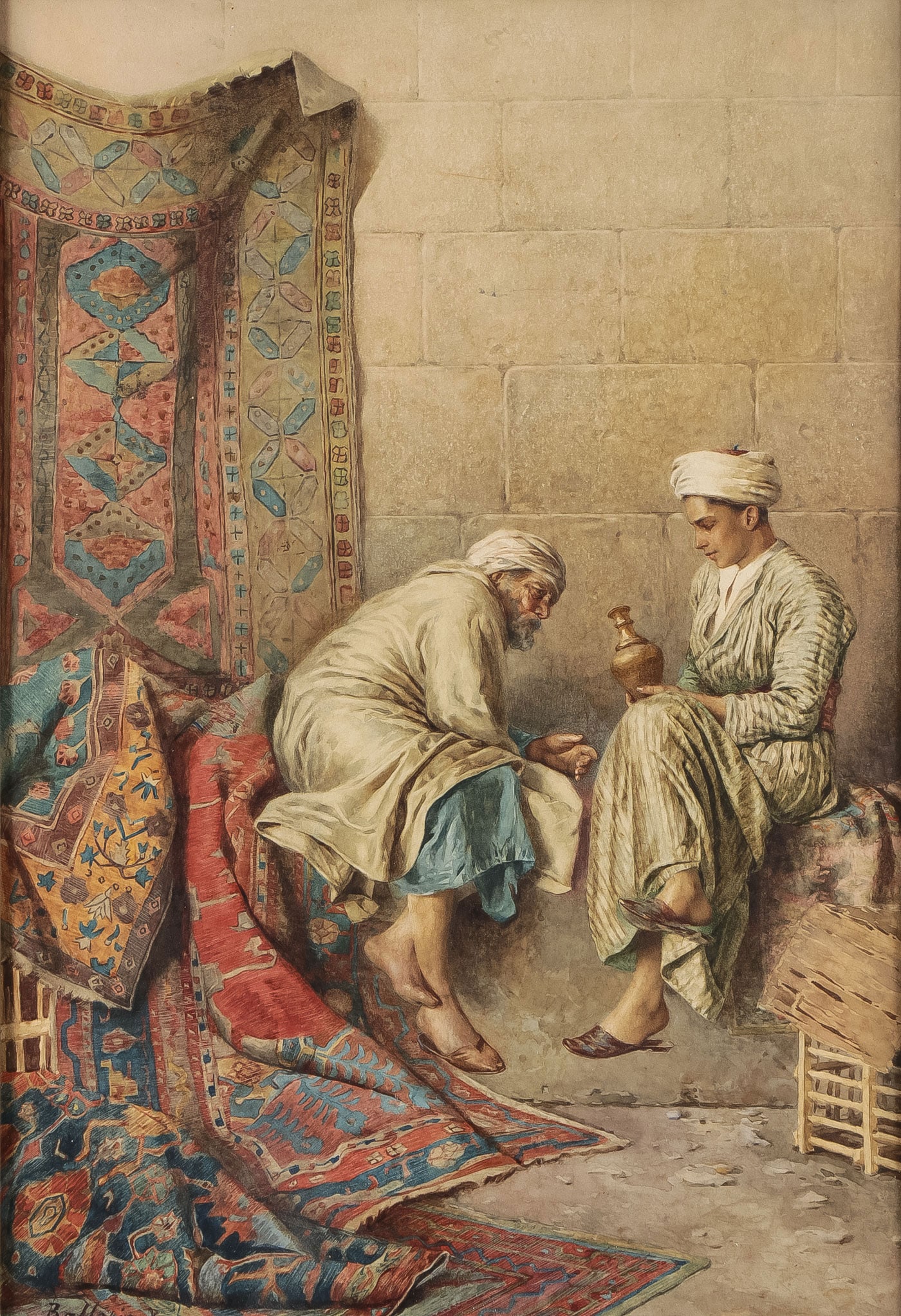 GREAT SIGNED ITALIAN ARAB GENRE PAINTING: FRANCESCO BALLESIO (Italian 1860-1923) The Carpet Seller Watercolor Signed lower left and inscribed ROMA 21.5 inches x 15 inches (55.5cm x 38cm) Overall including Newcomb Macklin style glazed gilt fra