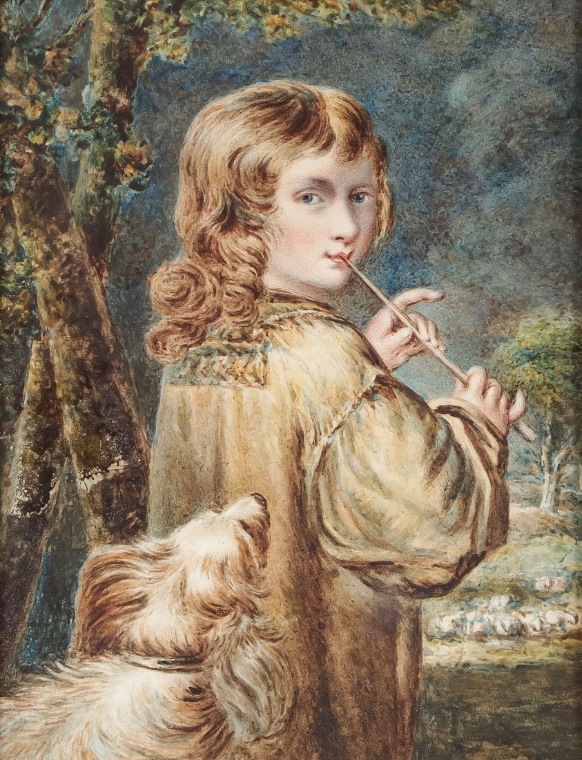 CHARMING 19TH CENTURY WATERCOLOR: After SIR JOSHUA REYNOLDS (British 1723-1792)The Piping Shepherd Boy WatercolorUnsigned4.75 inches x 3.5 inches (12.07 x 8.89.cm), overall including frame 10.25 inches x 8.75 inches (26.04 x 22.23cm)