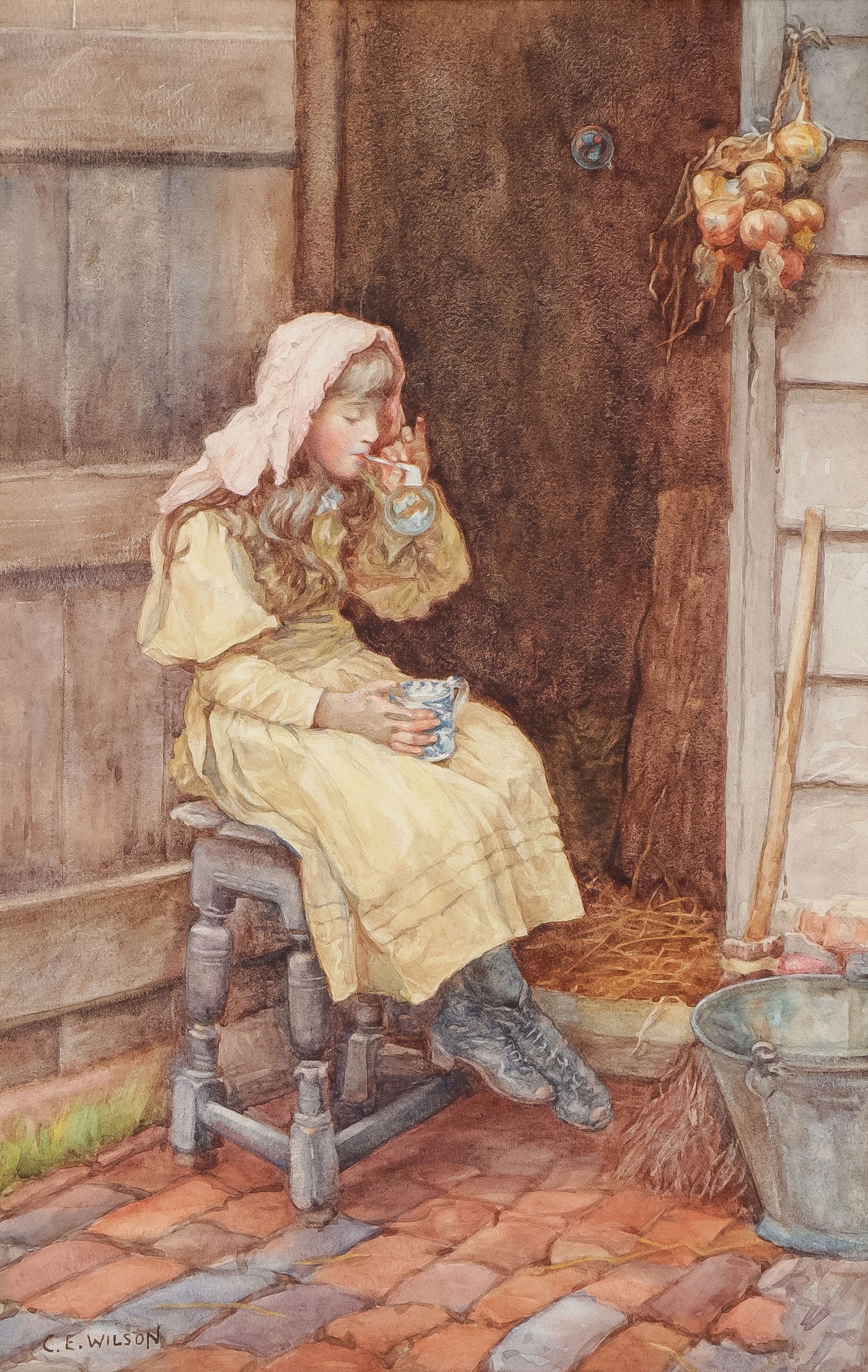 CHARMING SIGNED BRITISH WATERCOLOR, C. 1890: CHARLES EDWARD WILSON (British 1853-1941) Blowing Bubbles Watercolor Signed lower left 17.25 inches x 12.25 inches (43.82 x 31.12cm), overall, with glazed frame 18.25 inches x 13.25 inches (46.36 x 33