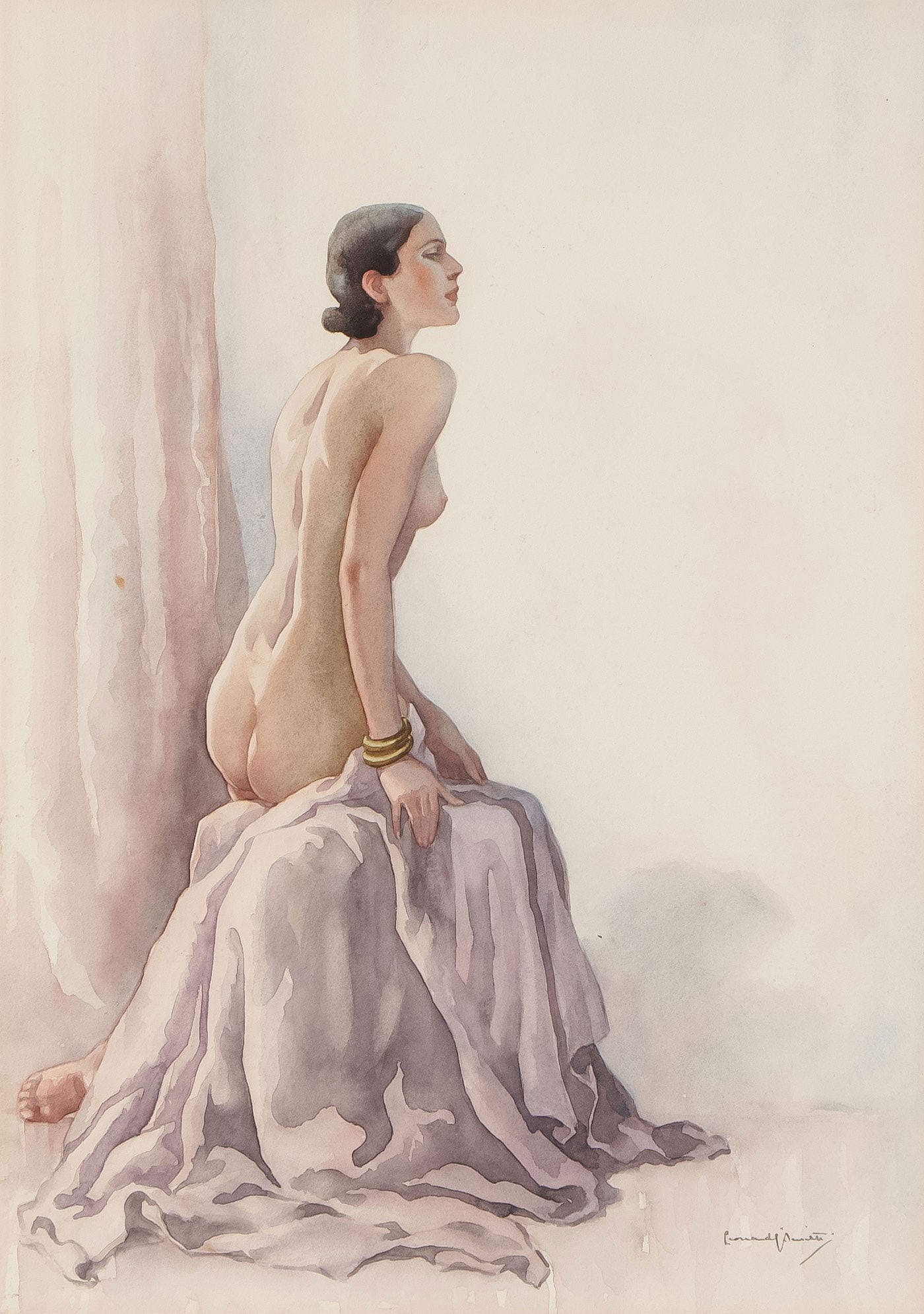 ENGLISH SIGNED NUDE WATERCOLOR, C. 1920: LEONARD JOHN SMITH (British 1885-1957)Seated Nude WatercolorSigned lower right, verso with Arthur Great Orex, London Publisher's labelSight 14 inches x 10 inches (35.56 x 25.4cm), overall including f