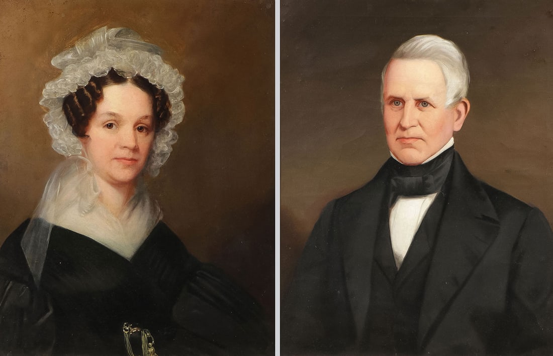 PAIR OF AMERICAN PORTRAITS, C. 1840: Circle of THOMAS SULLY (American 1783-1872)Portrait of a Husband and Wife Oil on canvasThe man inscribed on verso Thos SullyBoth measure 20 inches x 22 inches, overall including frames 36.5 inches x