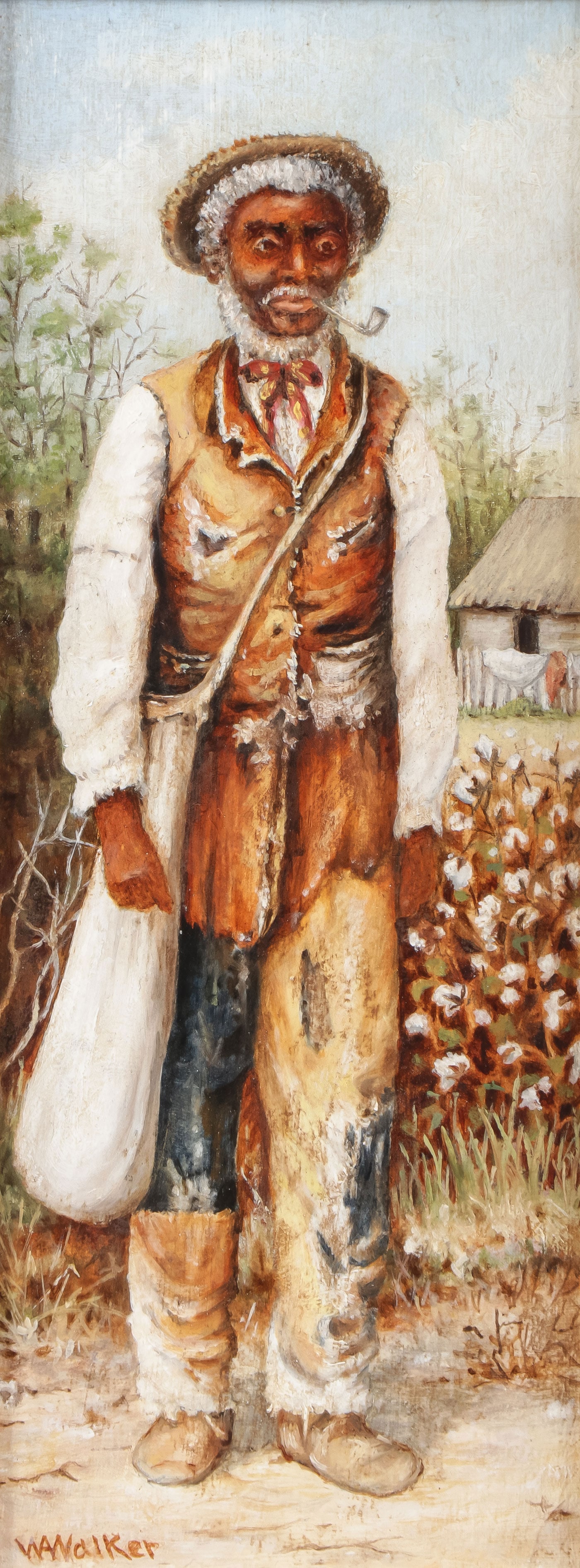 VINTAGE COTTON PICKER PAINTING ATTRB W. A. WALKER: Attributed to WILLIAM AIKEN WALKER (American 1839-1921) Cotton Picking Oil on board Signed lower left 10 inches x 4 inches (25.4 x 10.16cm. Overall, including frame, 15.25 x 9.25 (38.74 x 23.59cm) <