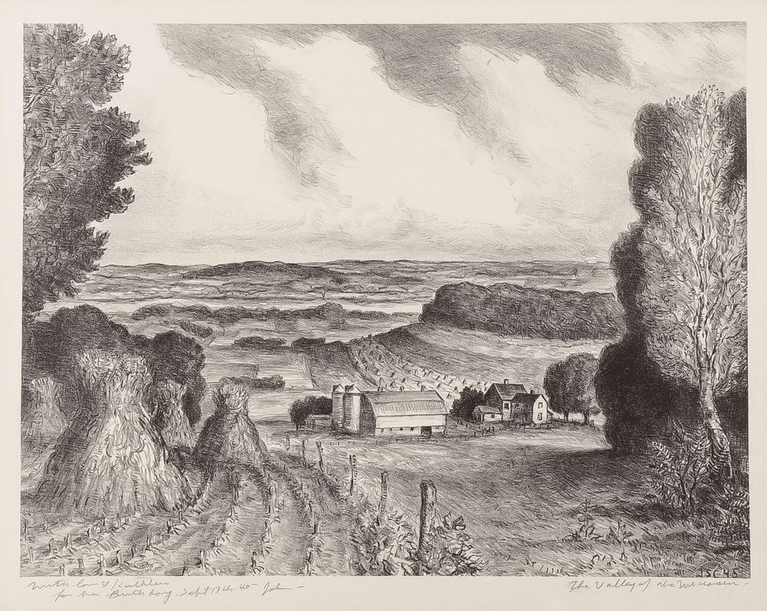 JOHN STEUART CURRY SIGNED LITHOGRAPH, 1945: JOHN STEUART CURRY (American 1897-1946)The Valley of the Wisconsin -1945Lithograph on Rives paper from an edition of 250Signed in pencil lower left and with dedicatory birthday inscription and title