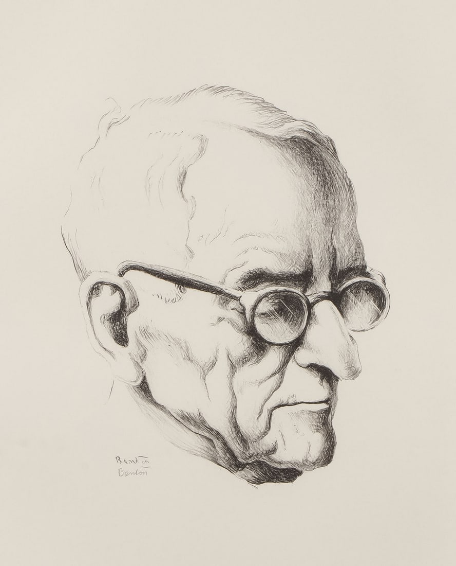 ORIGINAL SIGNED BENTON LITHOGRAPH, TRUMAN, 1971: THOMAS HART BENTON (American 1889-1975)Mr. President -1971Lithograph on paperSigned in lithograph and pencil lower left Sheet size 24 inches x 20 inches, overall including glazed frame 26.25 inches