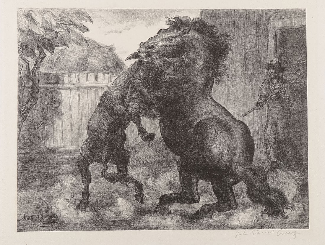 JOHN STEUART CURRY SIGNED LITHOGRAPH, 1943: JOHN STEUART CURRY (American 1897-1946)Stallion and Jack Fighting -1943Lithograph on wove paper from an edition of 250Signed in pencil lower right.11.75 x 15.4 inches (image). Full sheet with deckle