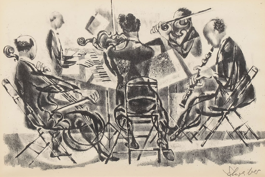 SIGNED GEORGES SCHREIBER LITHOGRAPH: GEORGES SCHREIBER (American 1904-1977)Quintet -1962Lithograph on paperSigned in pencil lower rightSight 9.75 x 14.5 inches. Overall including glazed frame 17 x 22 inchesSHIPPING N