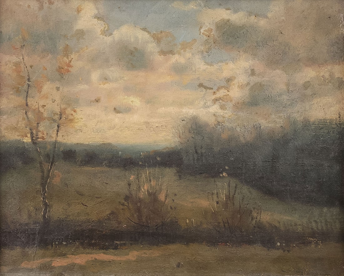 SIGNED NEW YORK LANDSCAPE DATED 1882: DWIGHT WILLIAMS (American 1856-1932) Gray Day Cazenovia NY -1882 Oil on board Signed, dated and titled on verso 8 inches x 10 inches, overall including frame 14.5 inches x 16 inches P