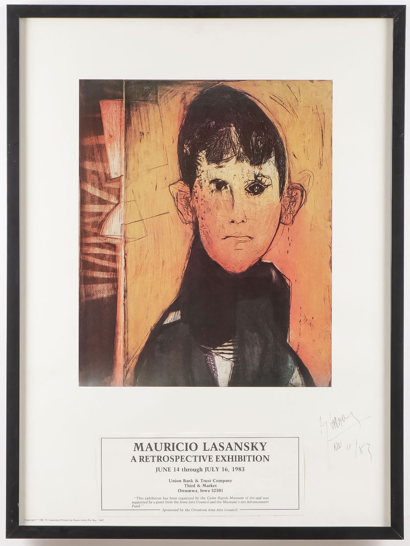 SIGNED MAURICIO LASANSKY POSTER: SIGNED MAURICIO LASANSKY POSTER. Comprising a signed exhibition poster, signed and dated lower right 1983 for a retrospective exhibition of works by Mauricio Lasansky (American 1914 - 2012), Union Ban