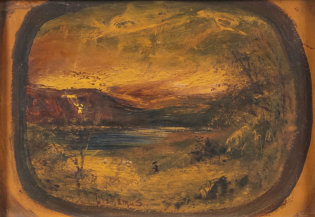 PRIMITIVE ROMANTICIST SIGNED PAINTING, C. 1911: LOUIS MICHEL EILSHEMIUS (1864-1941)Dusk landscape with distant figure- - circa 1915Oil on cardSigned lower left7.5 inches x 10.25 inches. Overall in likely the original artist made frame, 11.5 inche