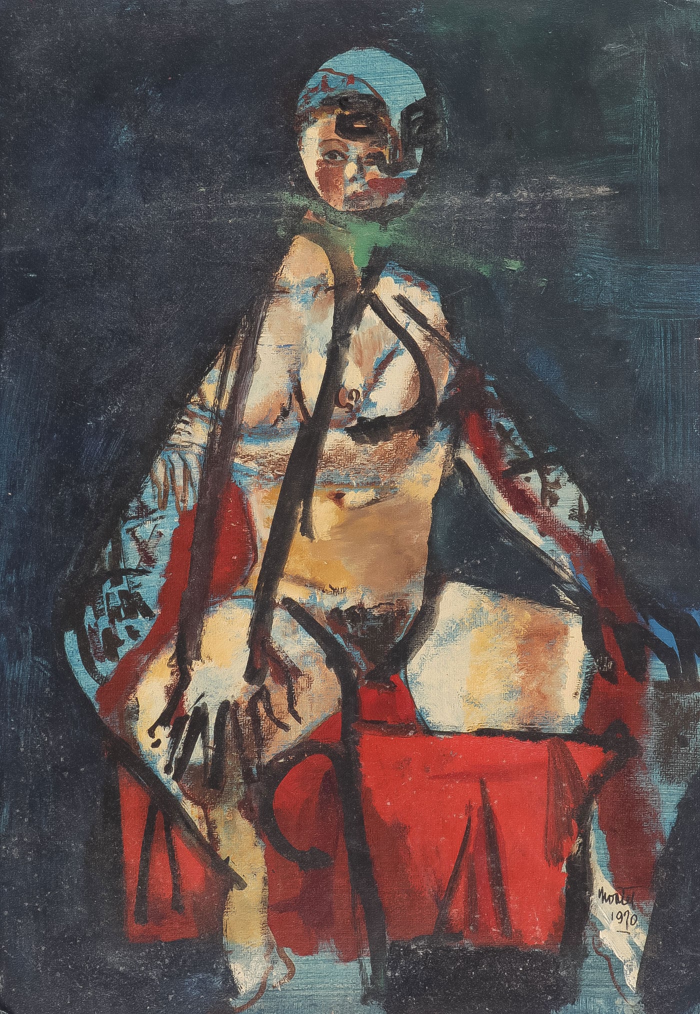 SIGNED AMERICAN ABSTRACT ZERO MOSTEL: ZERO MOSTEL (American 1915-1977) Seated Figure -1970 Oil on board Signed lower right and dated 1970 21 inches x 15 inches (unframed) Provenance: The estate of Patricia