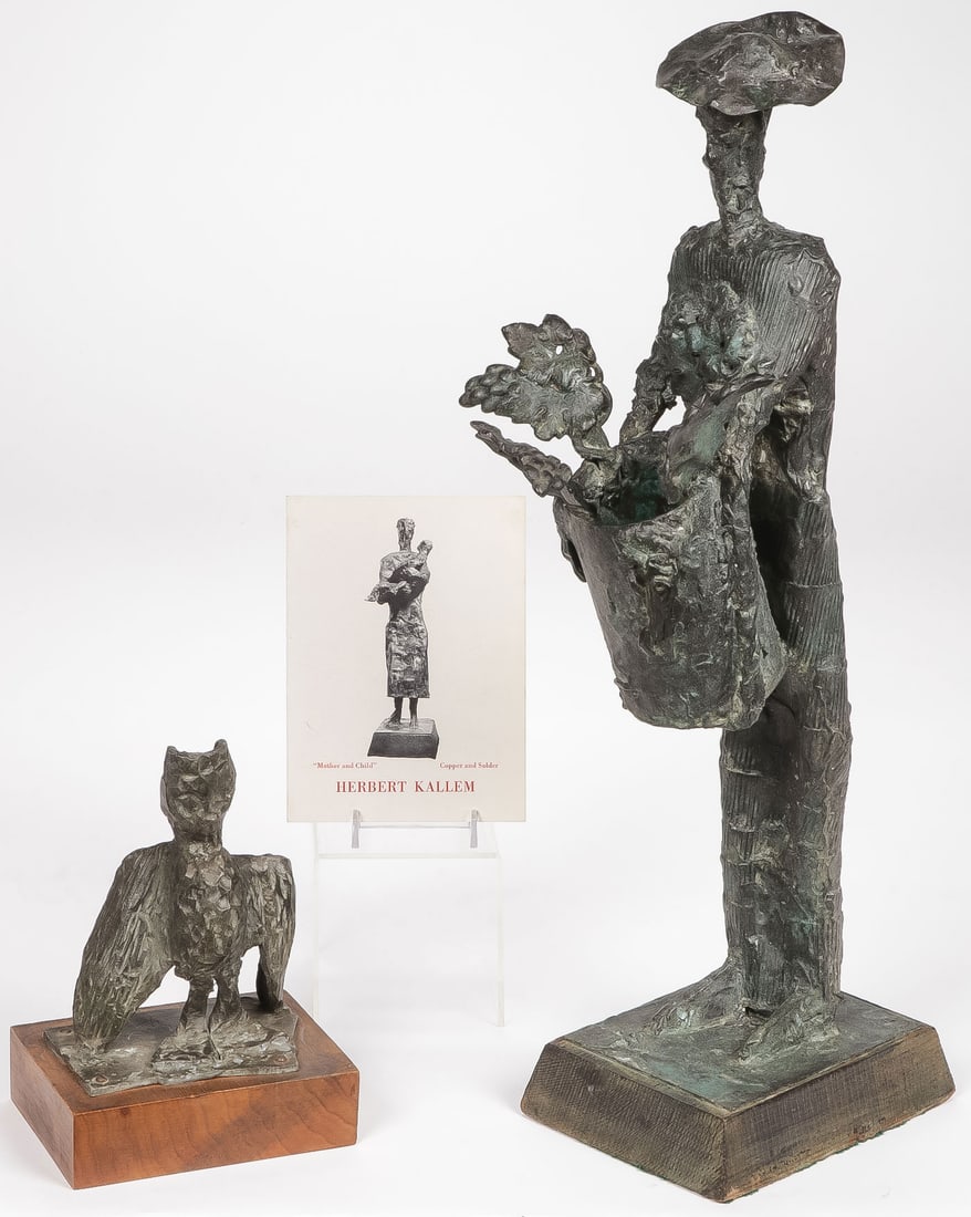 PR OF HERBERT KALLEM MID-CENTURY SCULPTURES: PR OF HERBERT KALLEM MID-CENTURY SCULPTURES. Comprising a pair of bronze sculptures by Herbert Kallem (American 1909-1994), comprising a figure holding a basket of grapes and wearing hat, signed on ba