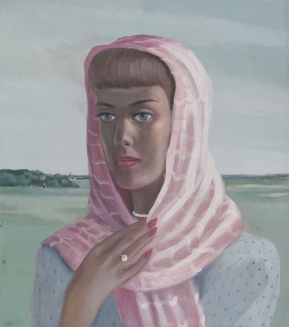 ORIGINAL DOROTHY YOUNG GRAHAM PAINTING: DOROTHY YOUNG GRAHAM (American 1922-2002) Woman with Pink Head Scarf - circa 1950 Watercolor and gouache on cardboard Initialed lower left and verso with estate stamp 15.75 inches x 14 inches, unfram