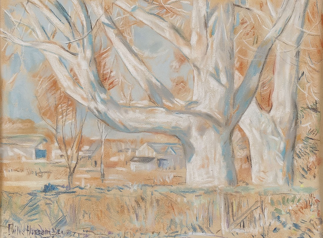 CIRCLE OF CHILDE HASSAM PASTEL: Circle of CHILDE HASSAM (American 1859-1935)Rural Fall Landscape Pastel on paperBears signature lower left Childe Hassam14 inches x 18 inches. Contained in a vintage carved gilt frame with butterfly