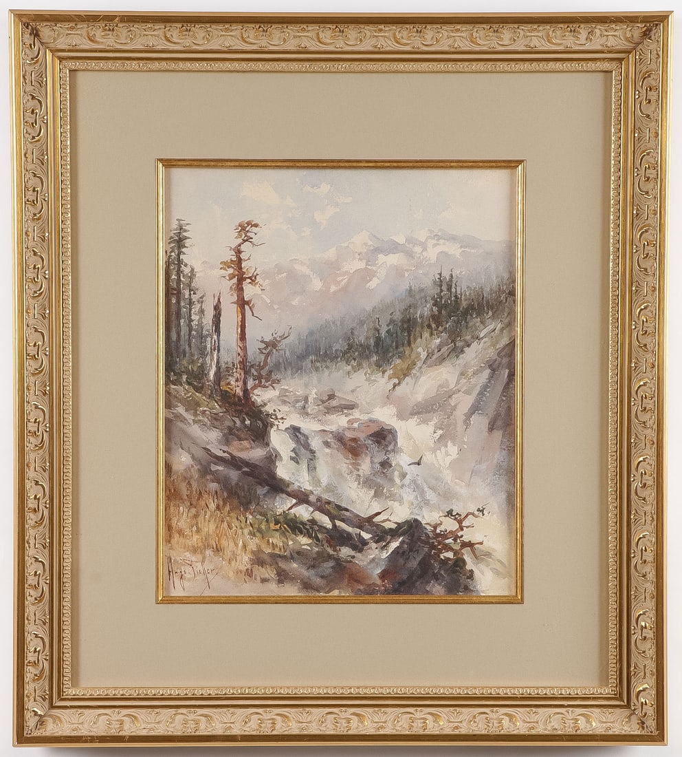 SIGNED YOSEMITE WATERCOLOR, C. 1890: HUGO ANTON FISHER (American 1854-1916) Yosemite Mountain Landscape Watercolor Signed lower left 11.25 inches x 9.5 inches, overall including glazed frame 19.25 inches x 17.25 inches P