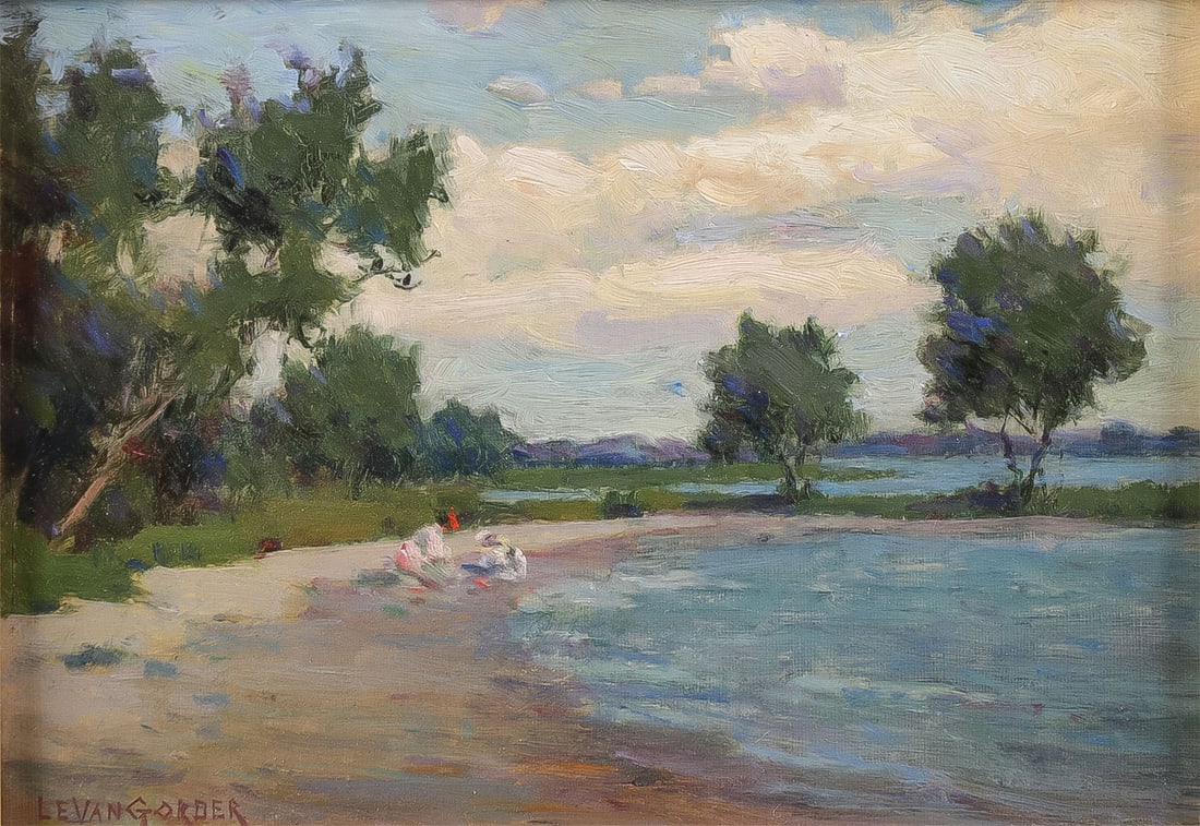 SIGNED OHIO LANDSCAPE, CIRCA 1890: LUTHER E. VAN GORDER (American 1861-1931) On the Beach Oil on board Signed lower left and labeled on verso 5 inches x 7 inches, overall including frame 11 inches x 13 inches Provenanc