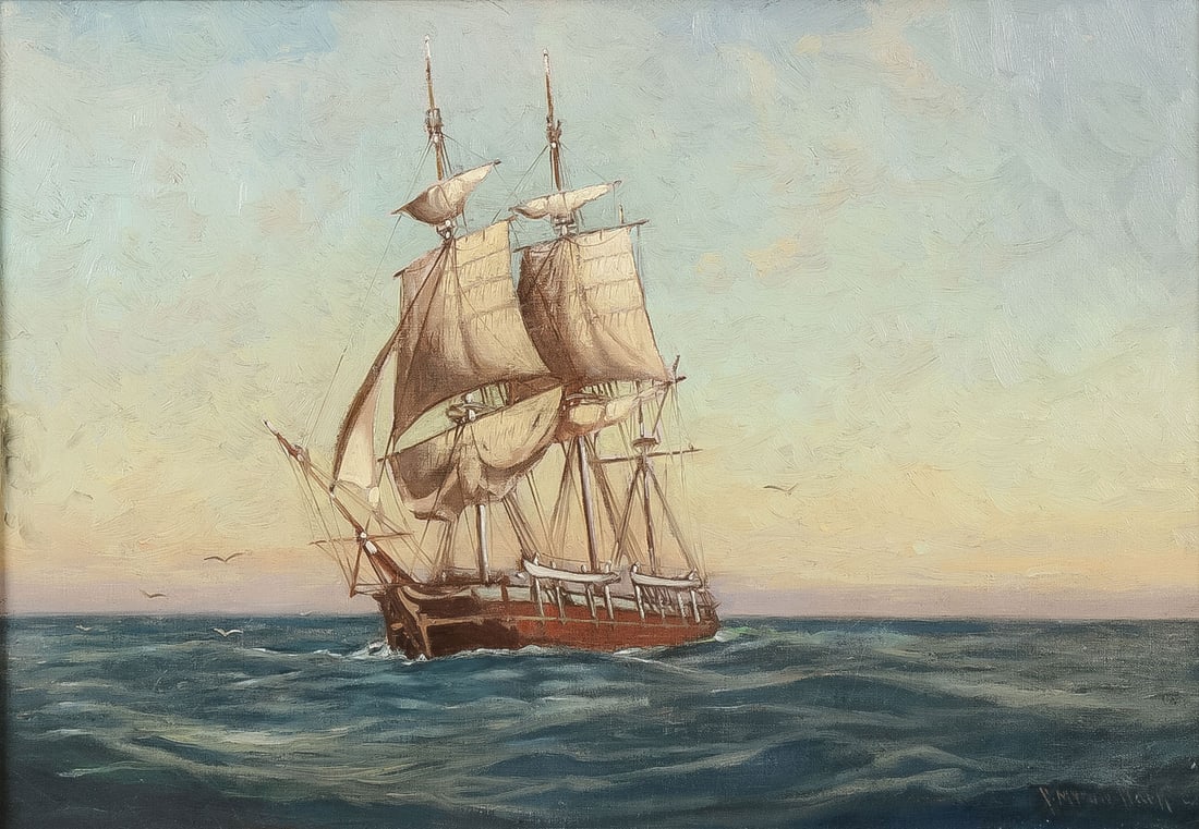 ATTRACTIVE SIGNED SHIP PAINTING, 19TH C: Attributed to C. MYRON CLARK (American 1876-1925)Triple Master at Sea - circa 1895Oil on canvasSigned lower right14 inches x 20 inches, overall including gilt frame 19.5 inches x 25.5 inches