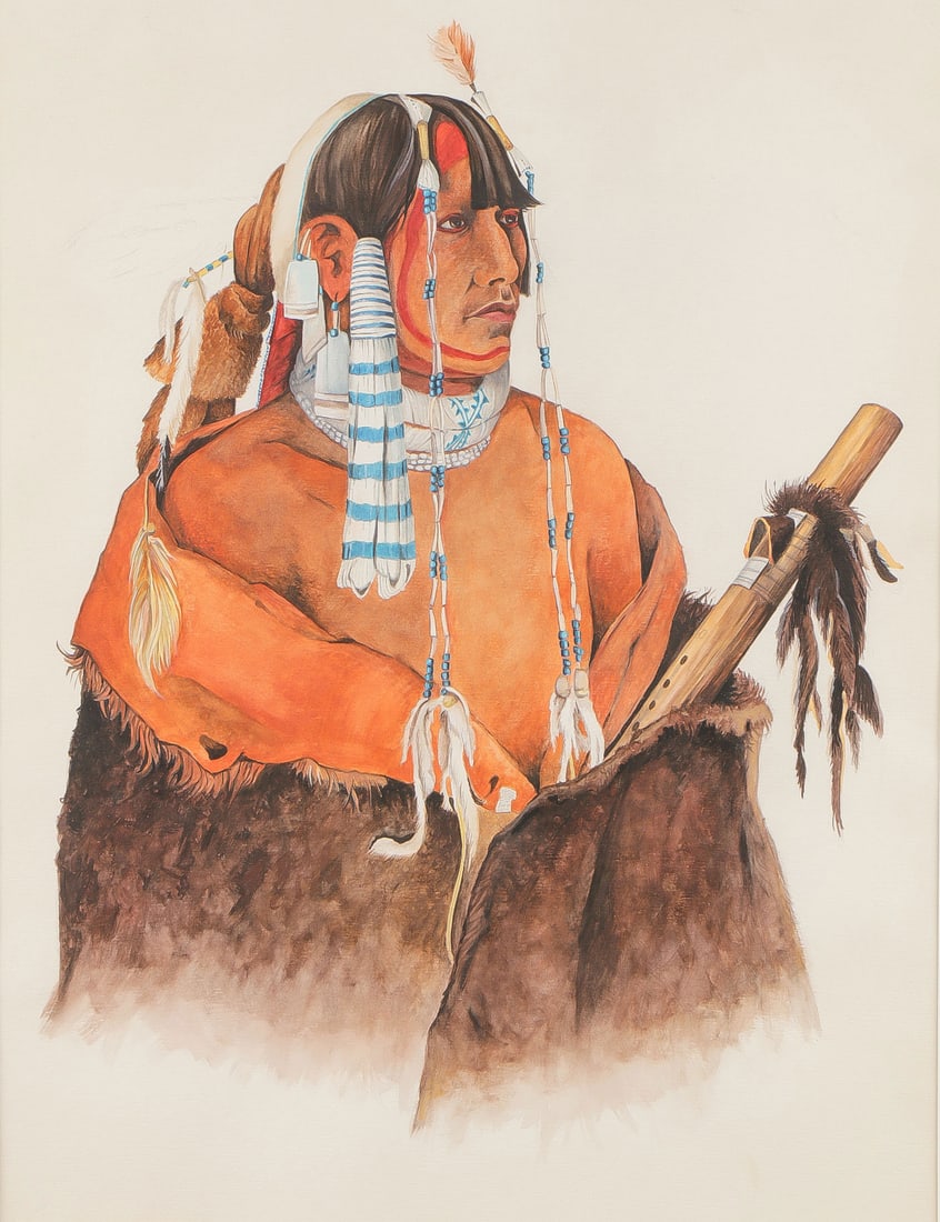 NATIVE AMERICAN WATERCOLOR: After KARL BODMER (Swiss 1809-1893)A Young Mandan Indian Watercolor on paperUnsignedSight size in frame 23 inches x 17.75 inches (58.42 x 45.09cm), overall including glazed frame 33.25 inches x 26.75