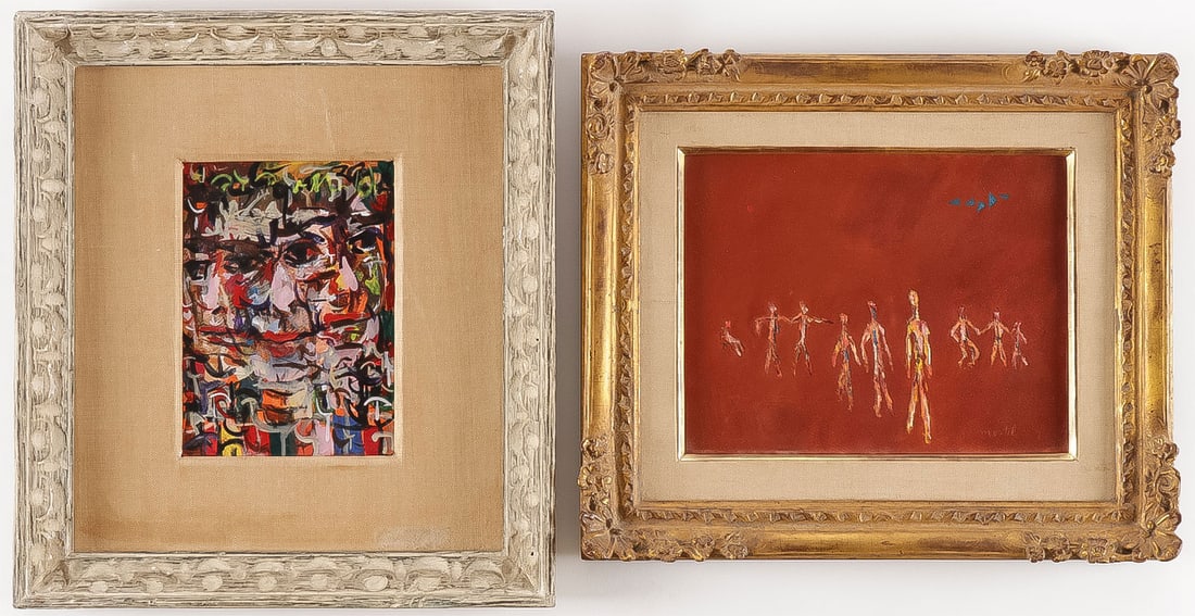 2 ORIGINAL ZERO MOSTEL PAINTINGS: ZERO MOSTEL American (1915-1977) A Self Portrait and Standing Figures - a pair of paintings Each oil on Masonite One signed and titled on verso, the other signed lower right 7.5 inches x 5.5 inches an