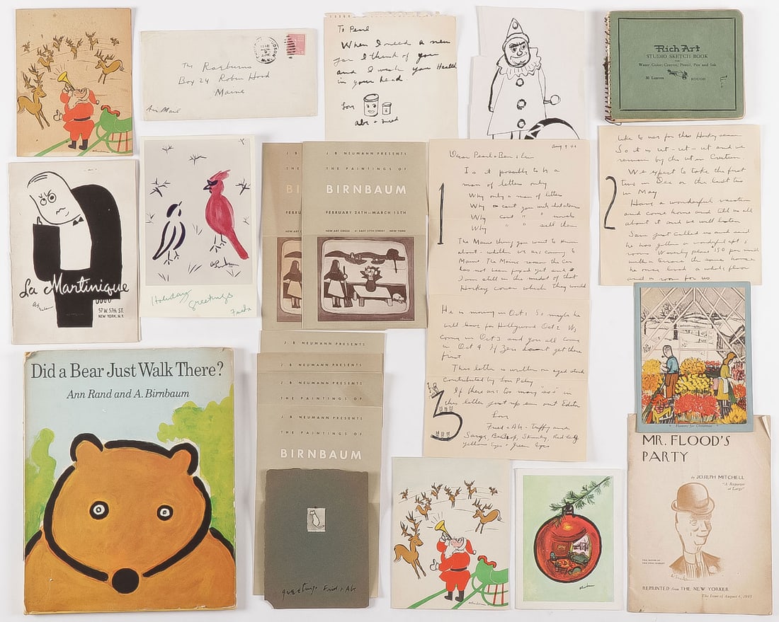 ABE BIRNBAUM ARTWORK, ARCHIVE & SIGNED BOOK: ABE BIRNBAUM ARTWORK, ARCHIVE & SIGNED BOOK. Comprising over 30 individual pieces including 9 original works of art in gouache, watercolor, pen and ink, and pencil, most signed or initialed, largest o