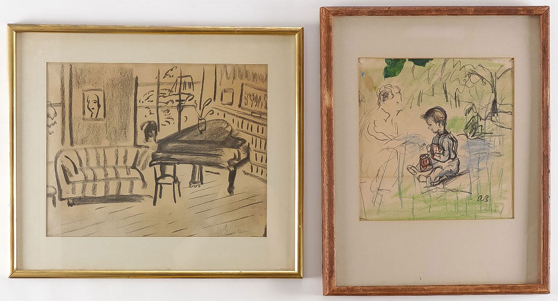 PAIR ORIGINAL ABE BIRNBAUM PASTELS: PAIR ORIGINAL ABE BIRNBAUM PASTELS. Comprising a pair of pastel and charcoal works by Abe Birnbaum (American 1899-1966). Including an interior scene with piano, signed lower right, 11.5 inches x 14.5
