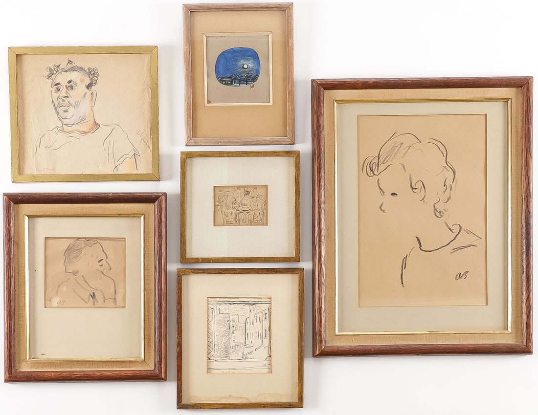 5 ORIGINAL WORKS BY ABE BIRNBAUM: 5 ORIGINAL WORKS BY ABE BIRNBAUM. Comprising 5 original framed works on paper by noted illustrator Abe Birnbaum (1899-1966). Including a pen and ink interior scene, image size 2.2 x 3.5 inches, an oil