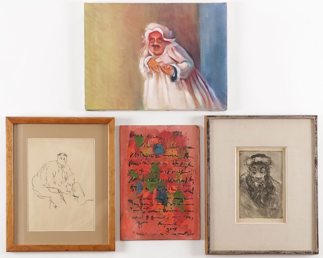 4 ORIGINAL WORKS BY ZERO MOSTEL: 4 ORIGINAL WORKS BY ZERO MOSTEL. Comprising four original works of art by Zero Mostel (American 1915-1977) including an oil on canvas titled "Bloom in Night", signed and titled on tacking edge, 12" x 