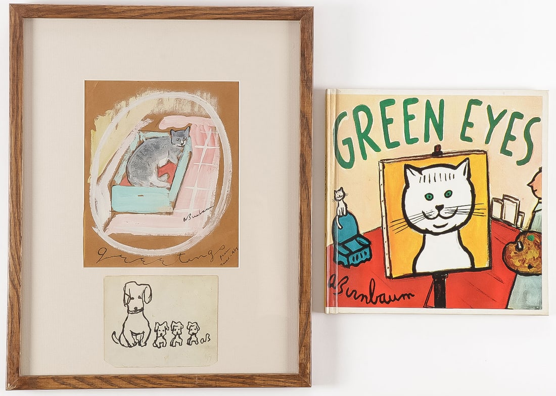 ABE BIRNBAUM PAINTING & SIGNED BOOK: ABE BIRNBAUM PAINTING & SIGNED BOOK. Comprising a framed gouache of a reclining cat, 8.75 x 7 inches and a pen and ink of a family of dogs, 4 x 5.25 inches. Overall size of frame 17.75 x 14 inches. Bo
