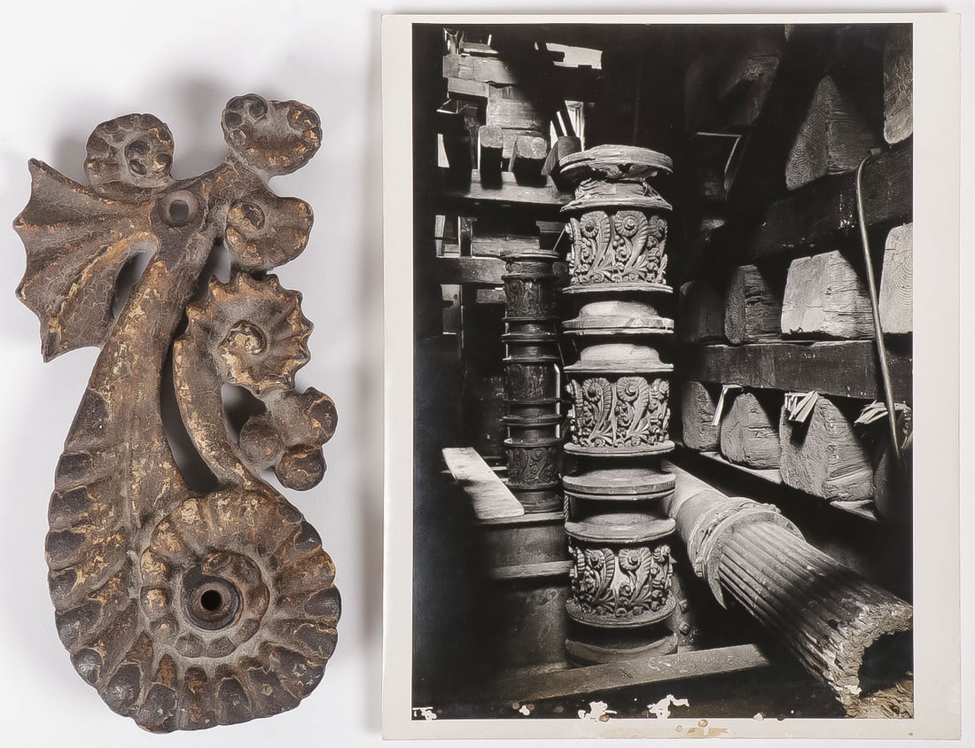 LOUIS SULLIVAN ORNAMENTAL ELEMENT, C. 1881: LOUIS SULLIVAN ORNAMENTAL ELEMENT, C. 1881. Comprising a cast iron scroll and leaf form column element either from the Jewelers Building Chicago, or perhaps from the S.A. Maxwell Building, Chicago. 8.