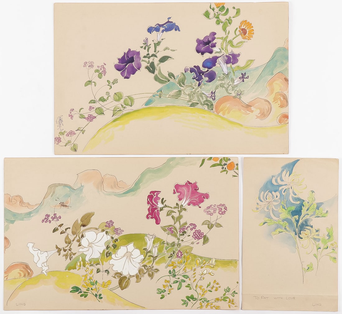 FRANK LLYOD WRIGHT/LING PO WATERCOLORS: FRANK LLYOD WRIGHT/LING PO WATERCOLORS & CORRESPONDENCE. Comprising four original watercolors by Wright apprentice and artist Chow Yi Hsien (Ling Po) Chinese/American 1917- 2014. Each floral watercolo