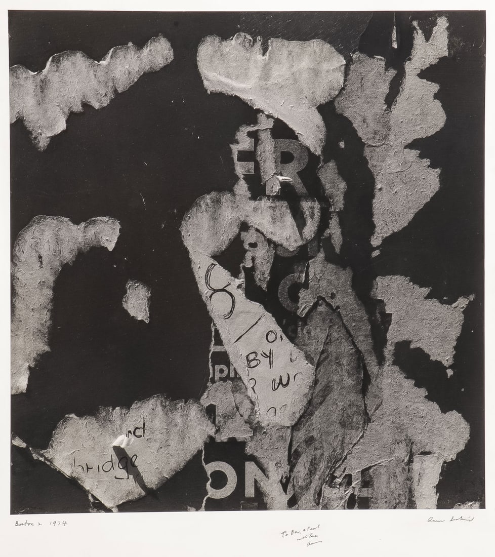 AARON SISKIND PHOTOGRAPH 1974: AARON SISKIND (American 1903-1991)Boston 2 -1974Gelatin silver printSigned lower right, titled lower left and with dedicatory inscription "To Ben & Pearl with love Aaron." Verso also inscribed with